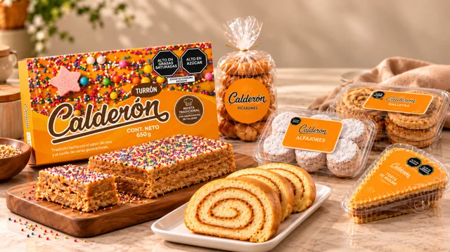 Composición ilustrativa de turrón y productos con la marca Calderón